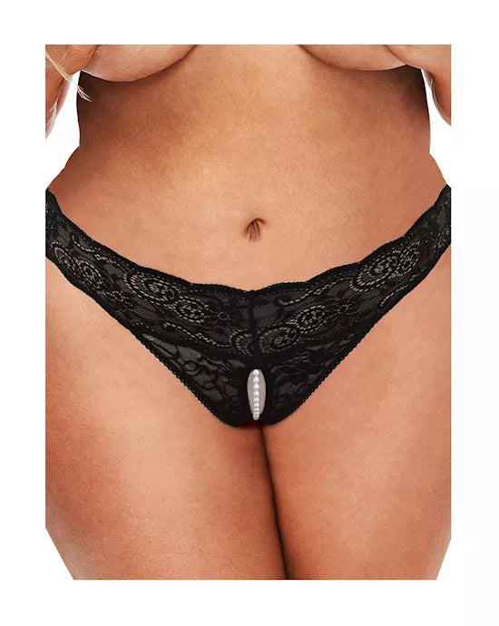 Secret Kisses Lace and Pearls Crotchless Thong
